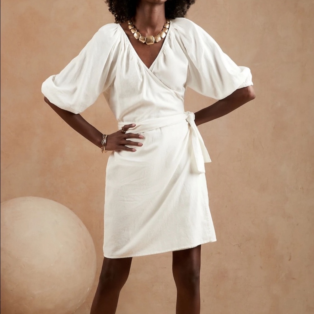 Banana Republic Linen Blend Ivory Wrap Dress Balloon Sleeves Size XS